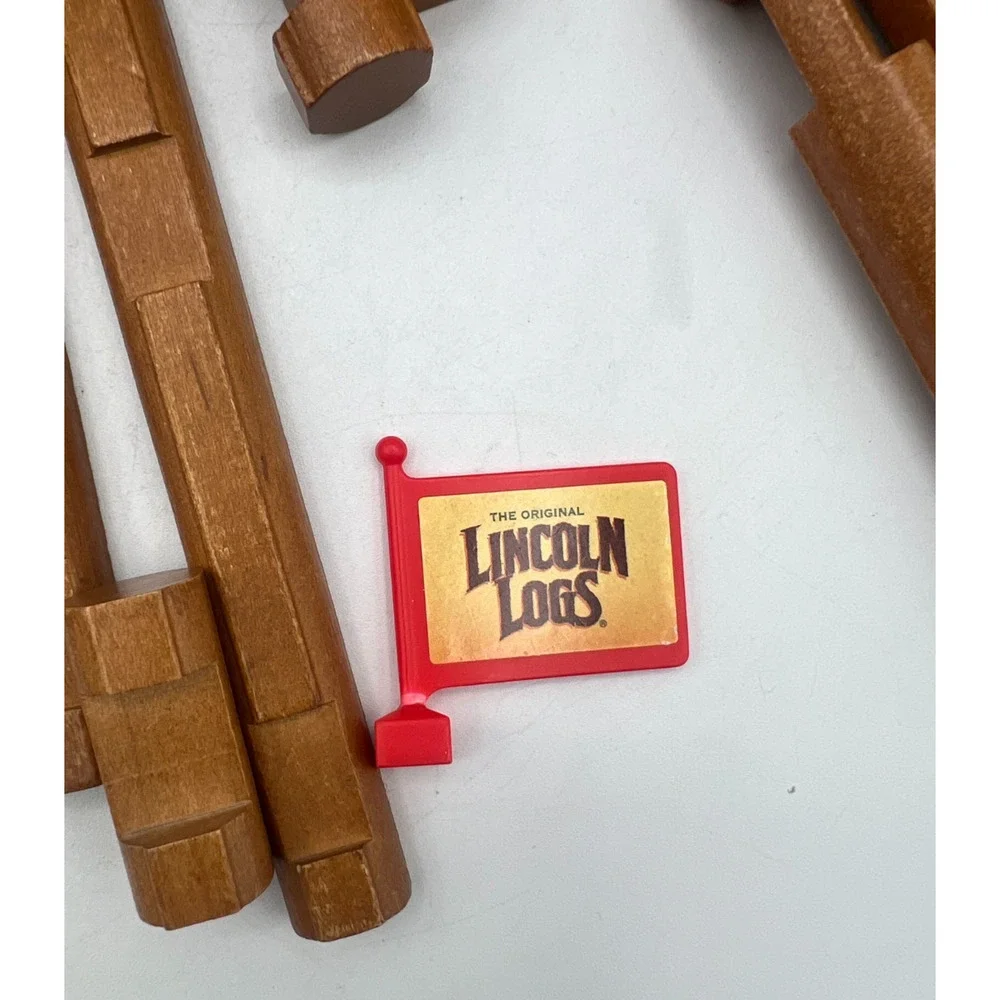 Vintage Lincoln Logs 77 Piece Lot Original Wooden Building Logs Parts + Flag